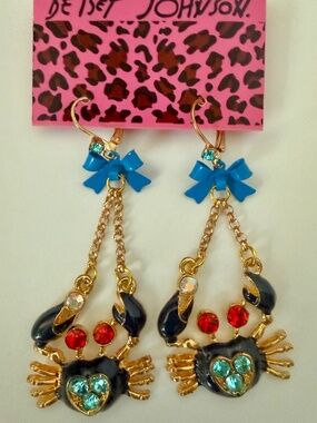 Fabulous Betsey Johnson Large Jeweled Crab Dangle Statement Earrings New Vintage